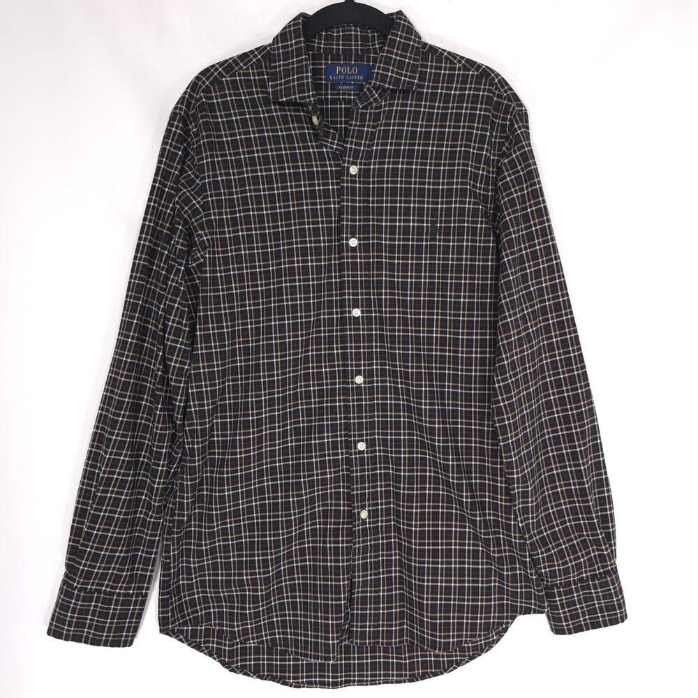 POLO RALPH LAUREN Plaid MEDIUM Shirt Classic Fit Brown Black 100% Cotton